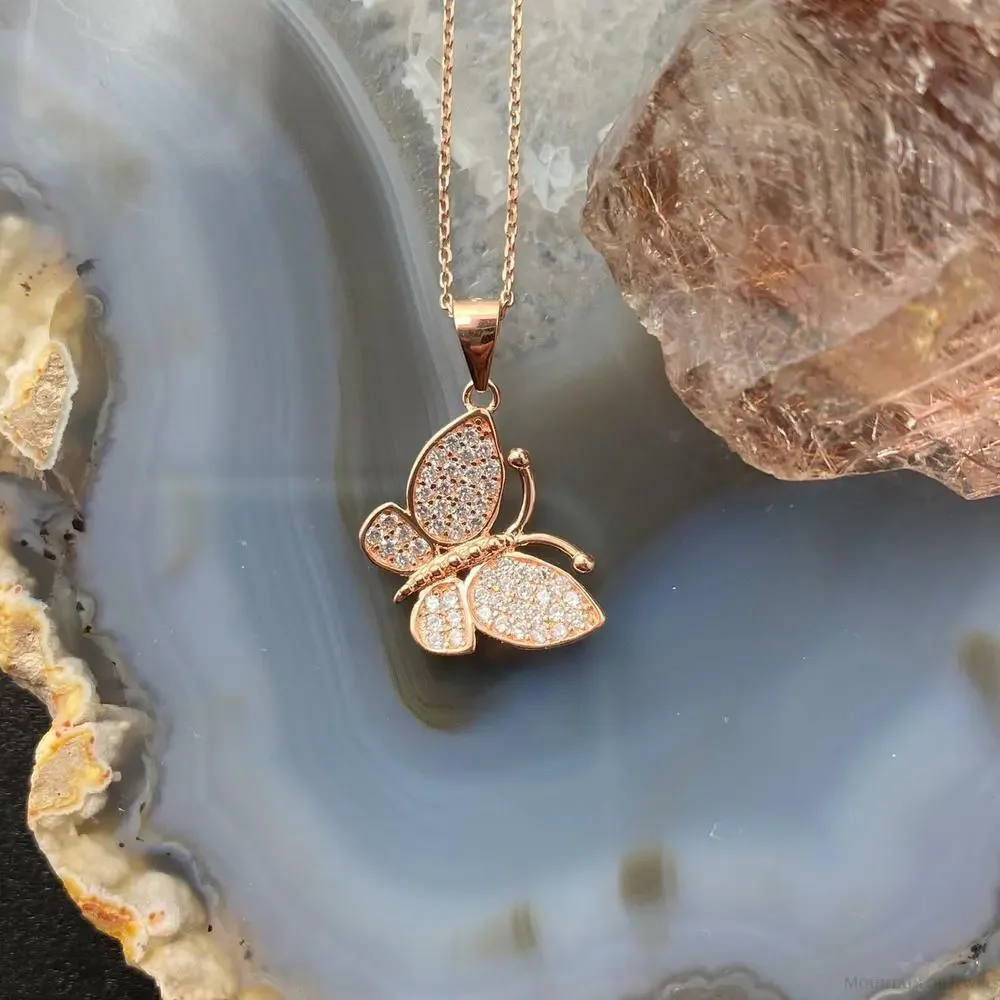 Sterling Silver Rose Coated with Cubic Zirconia Butterfly Pendant with Chain